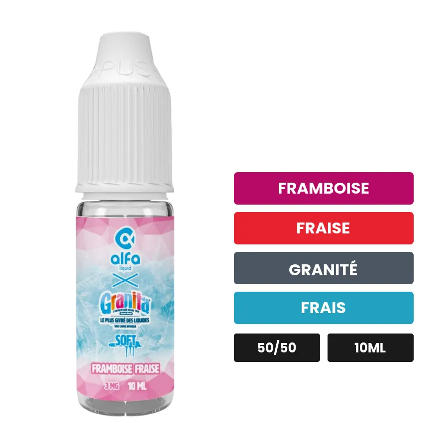 E-liquide Framboise Fraise d'Alfaliquid, 10 ml, saveurs framboise, fraise, granité et 1 autre.