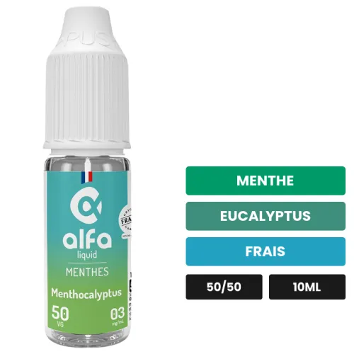 E-liquide Menthocalyptus 50/50 d'Alfaliquid, 10 ml, saveurs menthe, eucalyptus et frais.