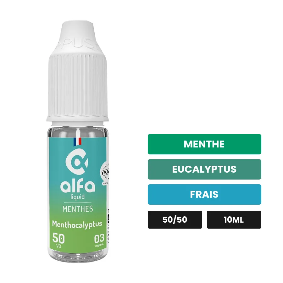 E-liquide Menthocalyptus 50/50 d'Alfaliquid, 10 ml, saveurs menthe, eucalyptus et frais.