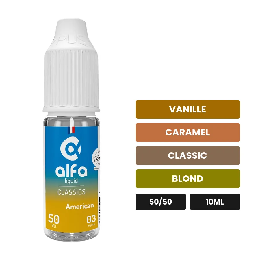 E-liquide American 50/50 d'Alfaliquid, 10 ml, saveurs vanille, caramel, classic et 1 autre.