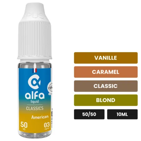 E-liquide American 50/50 d'Alfaliquid, 10 ml, saveurs vanille, caramel, classic et 1 autre.