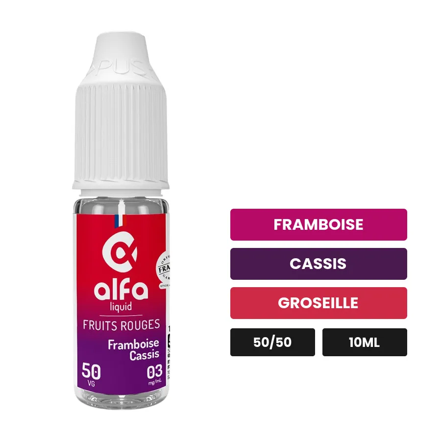 E-liquide Framboise Cassis 50/50 d'Alfaliquid, 10 ml, saveurs framboise, cassis et groseille.