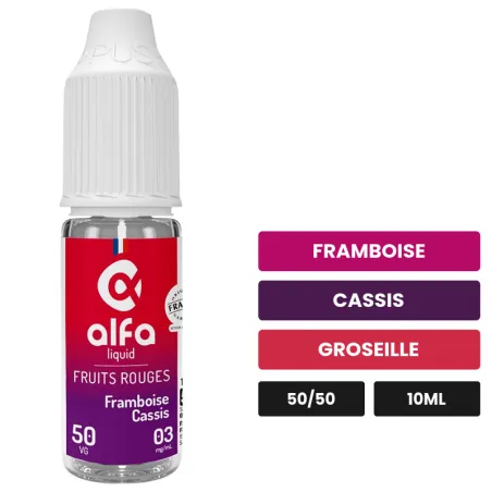 E-liquide Framboise Cassis 50/50 d'Alfaliquid, 10 ml, saveurs framboise, cassis et groseille.