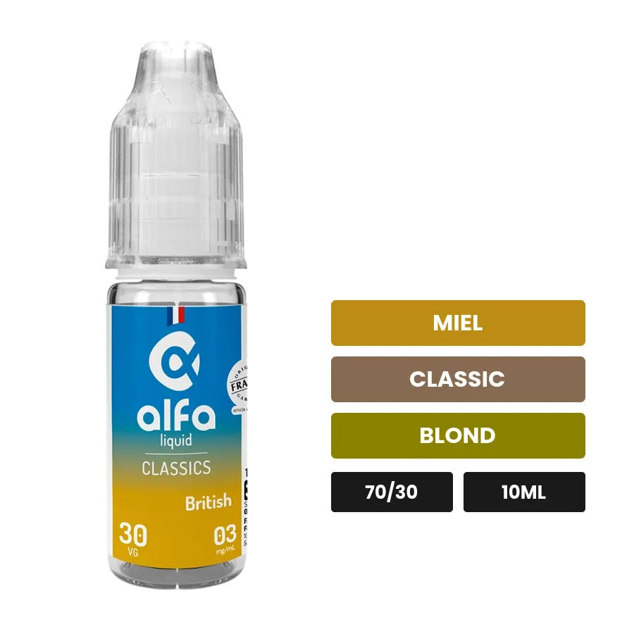 E-liquide British d'Alfaliquid, 10 ml, saveurs miel, classic et blond.