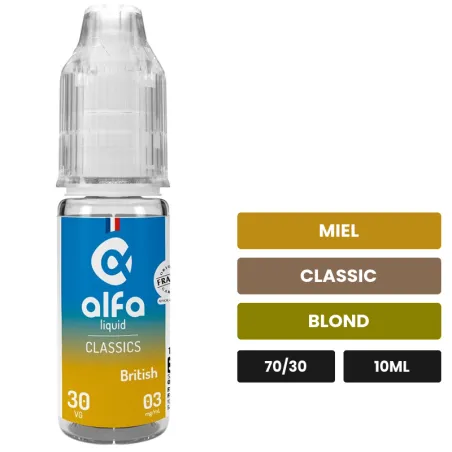 E-liquide British d'Alfaliquid, 10 ml, saveurs miel, classic et blond.