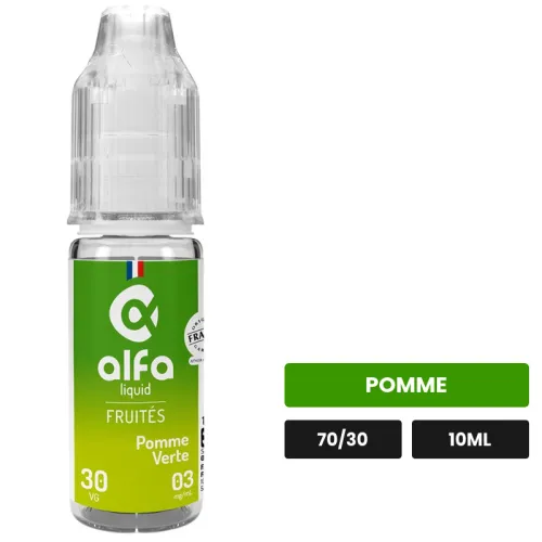 E-liquide Pomme Verte d'Alfaliquid, 10 ml, saveur pomme.