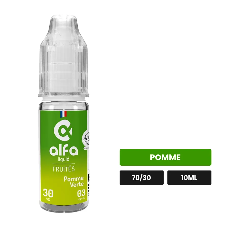 E-liquide Pomme Verte d'Alfaliquid, 10 ml, saveur pomme.