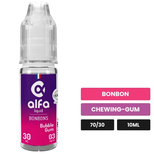 E-liquide Bubble Gum d'Alfaliquid, 10 ml, saveurs bonbon et chewing-gum.