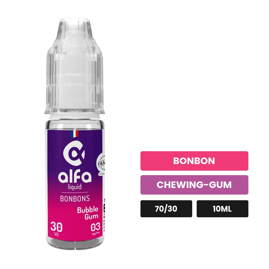 E-liquide Bubble Gum d'Alfaliquid, 10 ml, saveurs bonbon et chewing-gum.