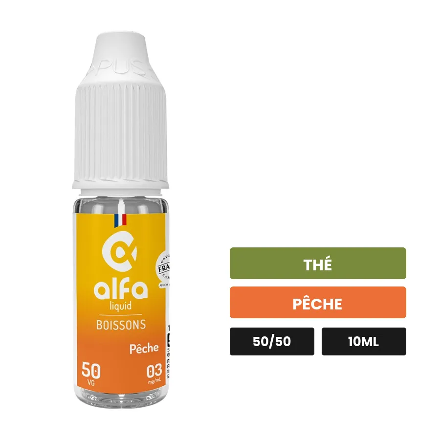 E-liquide Pêche 50/50 d'Alfaliquid, 10 ml, saveurs thé et pêche.