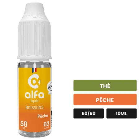 E-liquide Pêche 50/50 d'Alfaliquid, 10 ml, saveurs thé et pêche.
