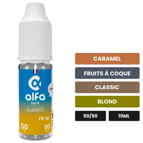 E-liquide Fr-w 50/50 d'Alfaliquid, 10 ml, saveurs caramel, fruits à coque, classic et 1 autre.