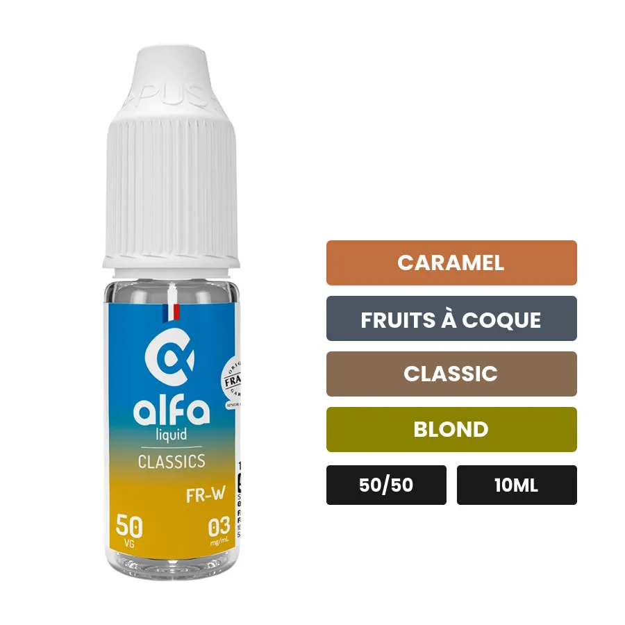 E-liquide Fr-w 50/50 d'Alfaliquid, 10 ml, saveurs caramel, fruits à coque, classic et 1 autre.
