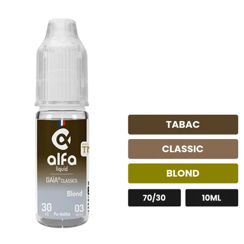 E-liquide Blond d'Alfaliquid, 10 ml, saveurs tabac, classic et blond.