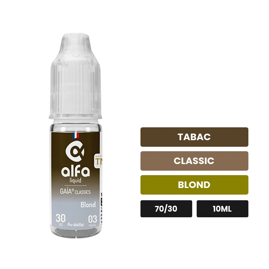E-liquide Blond d'Alfaliquid, 10 ml, saveurs tabac, classic et blond.
