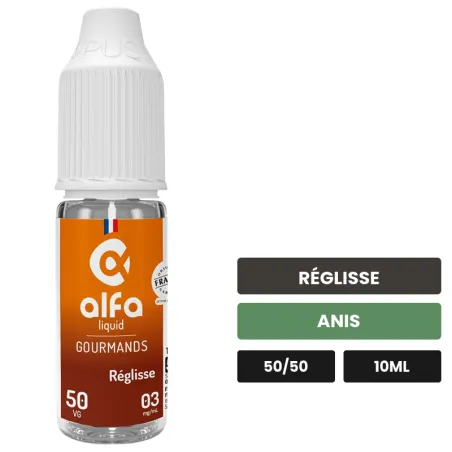 E-liquide Réglisse 50/50 d'Alfaliquid, 10 ml, saveurs réglisse et anis.