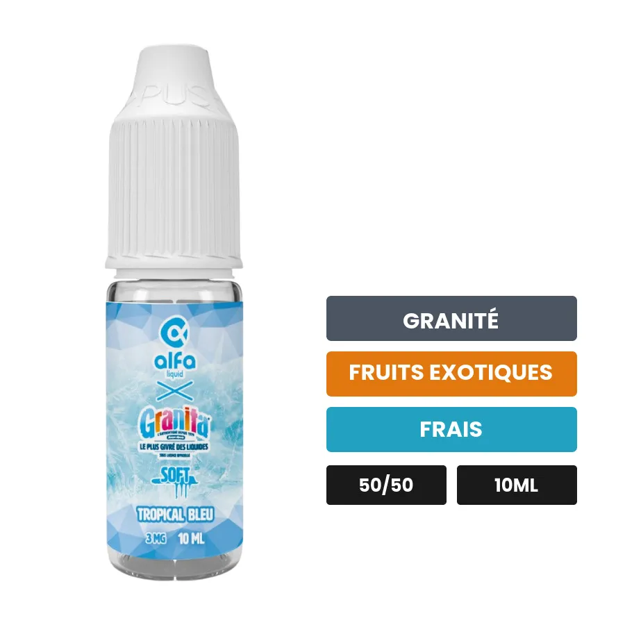 E-liquide Tropical Bleu d'Alfaliquid, 10 ml, saveurs granité, fruits exotiques et frais.
