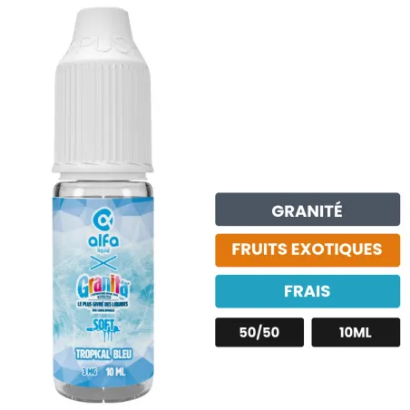 E-liquide Tropical Bleu d'Alfaliquid, 10 ml, saveurs granité, fruits exotiques et frais.