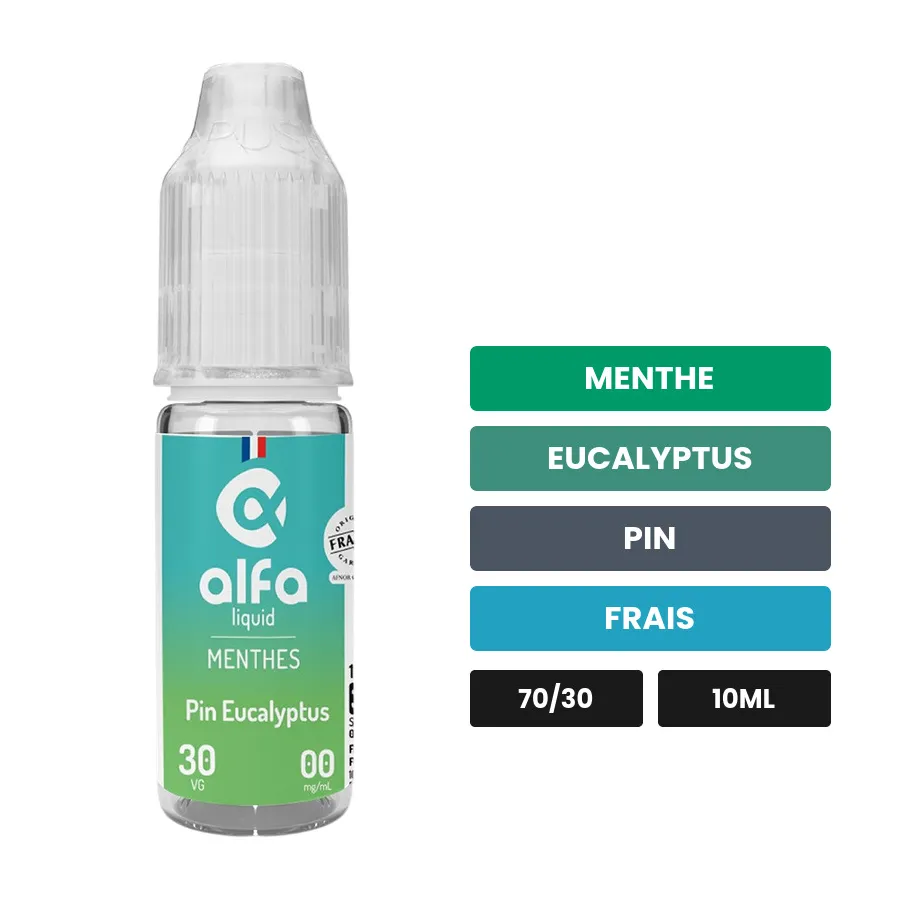 E-liquide Pin Eucalyptus d'Alfaliquid, 10 ml, saveurs menthe, eucalyptus, pin et 1 autre.