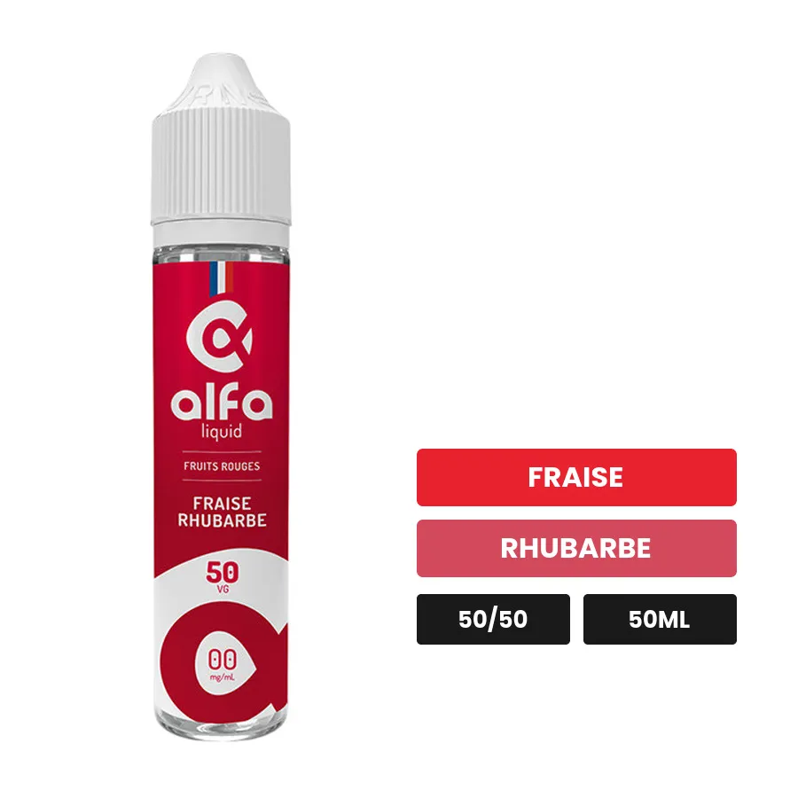 E-liquide Fraise Rhubarbe d'Alfaliquid, 50 ml, saveurs fraise et rhubarbe.