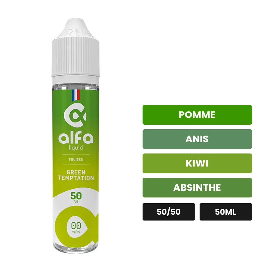 E-liquide Green Temptation d'Alfaliquid, 50 ml, saveurs pomme, anis, kiwi et 1 autre.