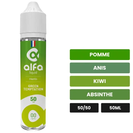 E-liquide Green Temptation d'Alfaliquid, 50 ml, saveurs pomme, anis, kiwi et 1 autre.