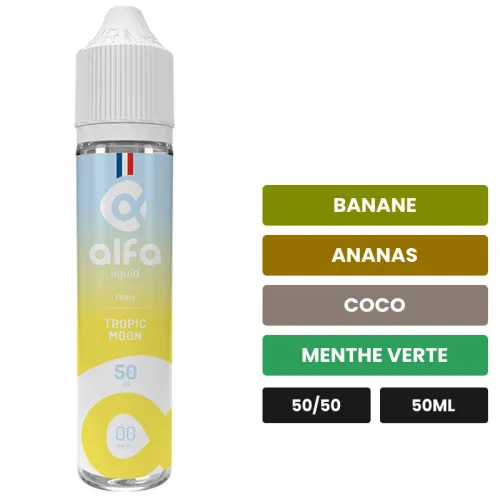 E-liquide Tropic Moon d'Alfaliquid, 50 ml, saveurs banane, ananas, coco et 2 autres.