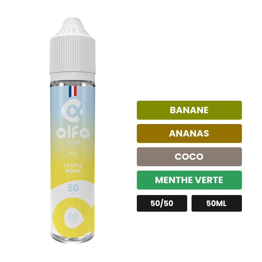 E-liquide Tropic Moon d'Alfaliquid, 50 ml, saveurs banane, ananas, coco et 2 autres.