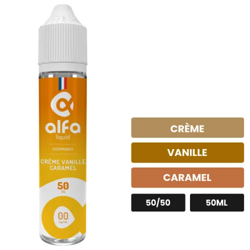 E-liquide Crème Vanille Caramel d'Alfaliquid, 50 ml, saveurs crème, vanille et caramel.