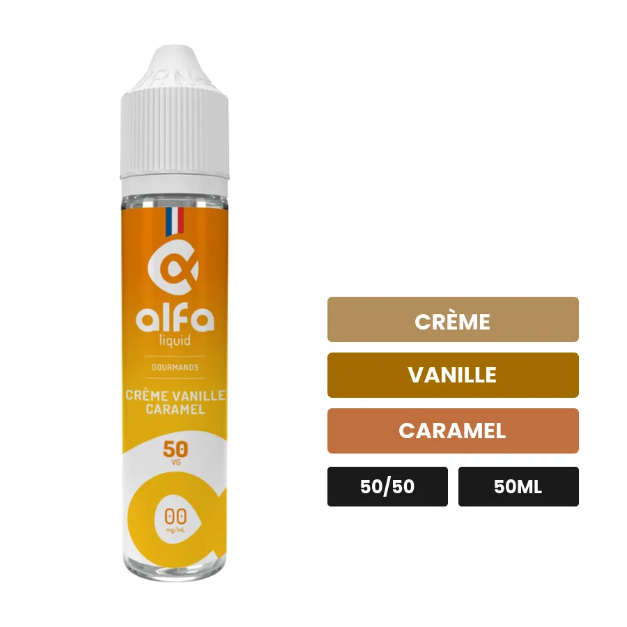 E-liquide Crème Vanille Caramel d'Alfaliquid, 50 ml, saveurs crème, vanille et caramel.