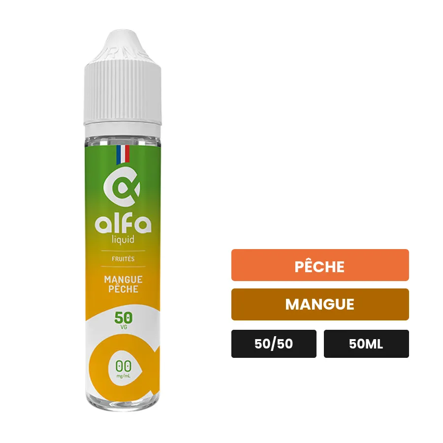 E-liquide Mangue Pêche d'Alfaliquid, 50 ml, saveurs pêche et mangue.