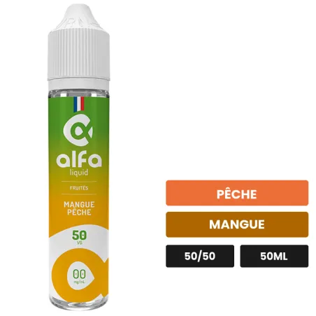 E-liquide Mangue Pêche d'Alfaliquid, 50 ml, saveurs pêche et mangue.