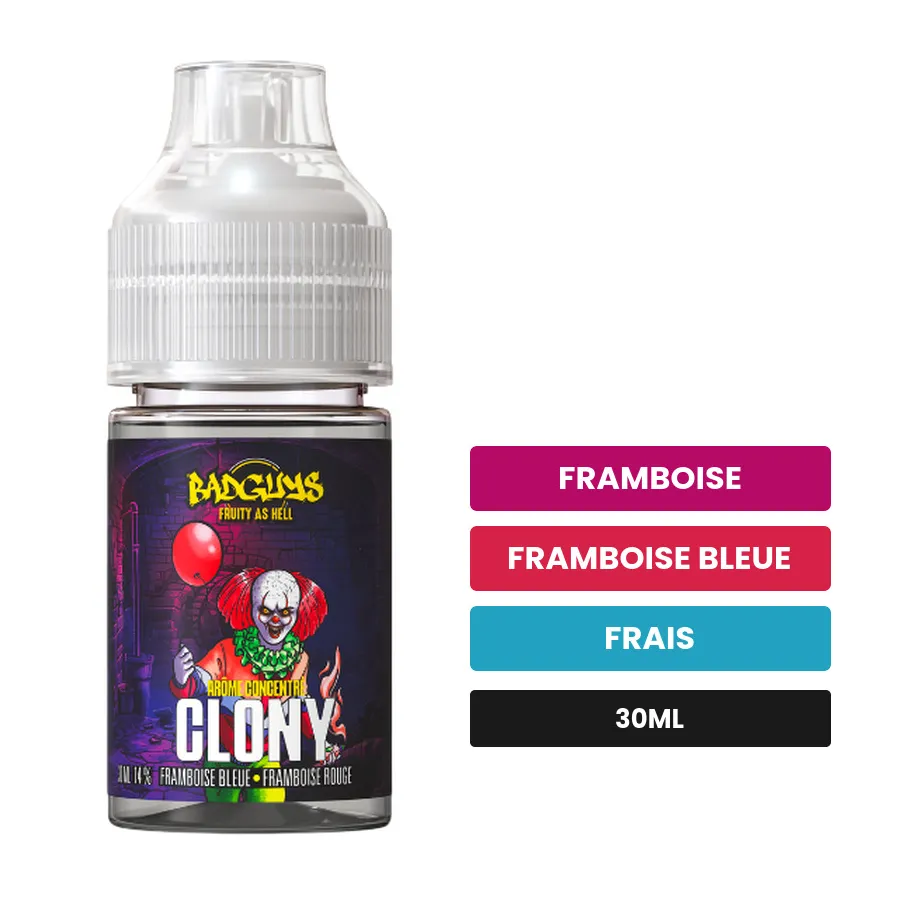 Arome concentre Clony de Badguys, 30 ml, saveurs framboise, framboise bleue et frais.
