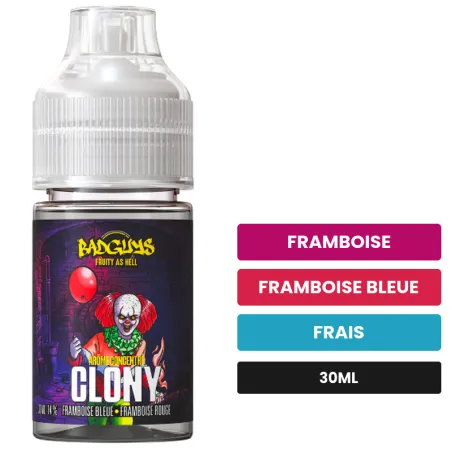 Arome concentre Clony de Badguys, 30 ml, saveurs framboise, framboise bleue et frais.