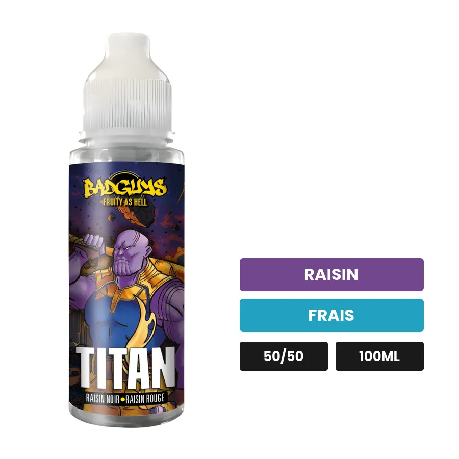 E-liquide Titan de Badguys, 100 ml, saveurs raisin et frais, sans nicotine — prêt à booster de nicotine.
