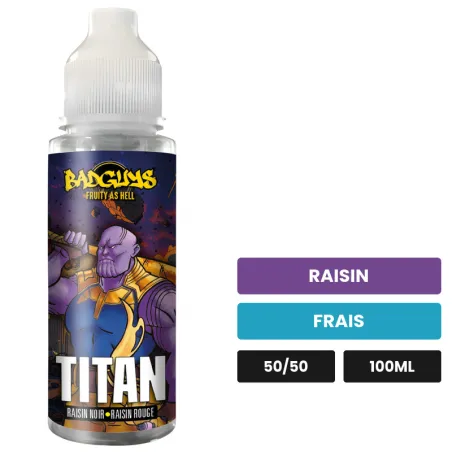 E-liquide Titan de Badguys, 100 ml, saveurs raisin et frais, sans nicotine — prêt à booster de nicotine.