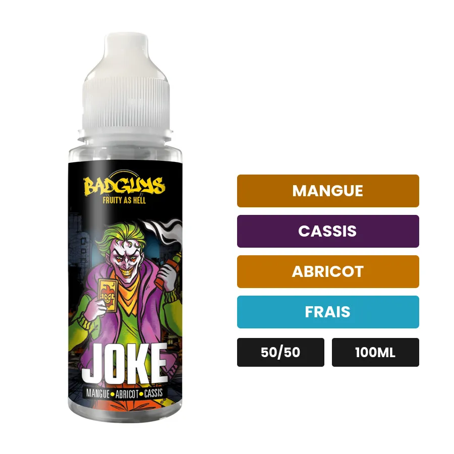 E-liquide Joke de Badguys, 100 ml, saveurs mangue, cassis, abricot et 1 autre, sans nicotine — prêt à booster de nicotine.