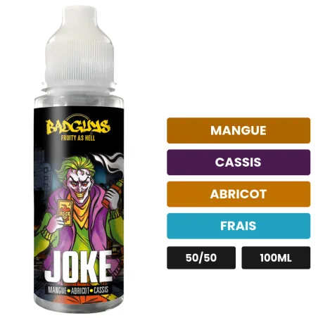 E-liquide Joke de Badguys, 100 ml, saveurs mangue, cassis, abricot et 1 autre, sans nicotine — prêt à booster de nicotine.