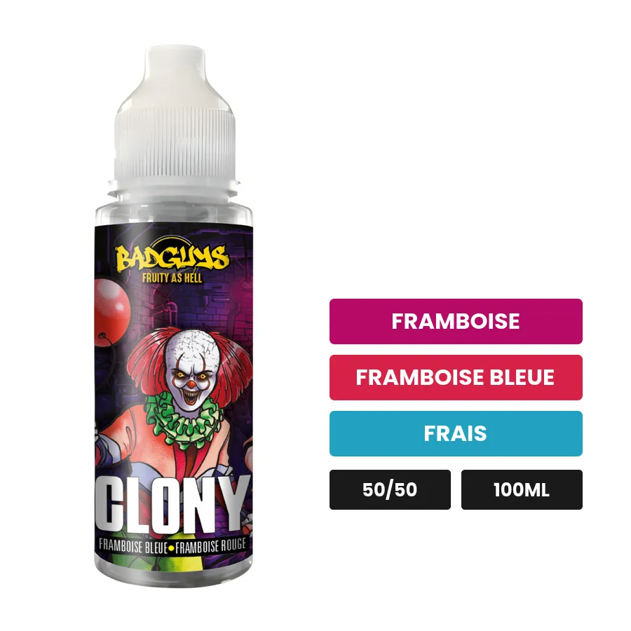 E-liquide Clony de Badguys, 100 ml, saveurs framboise, framboise bleue et frais, sans nicotine — prêt à booster de nicotine.