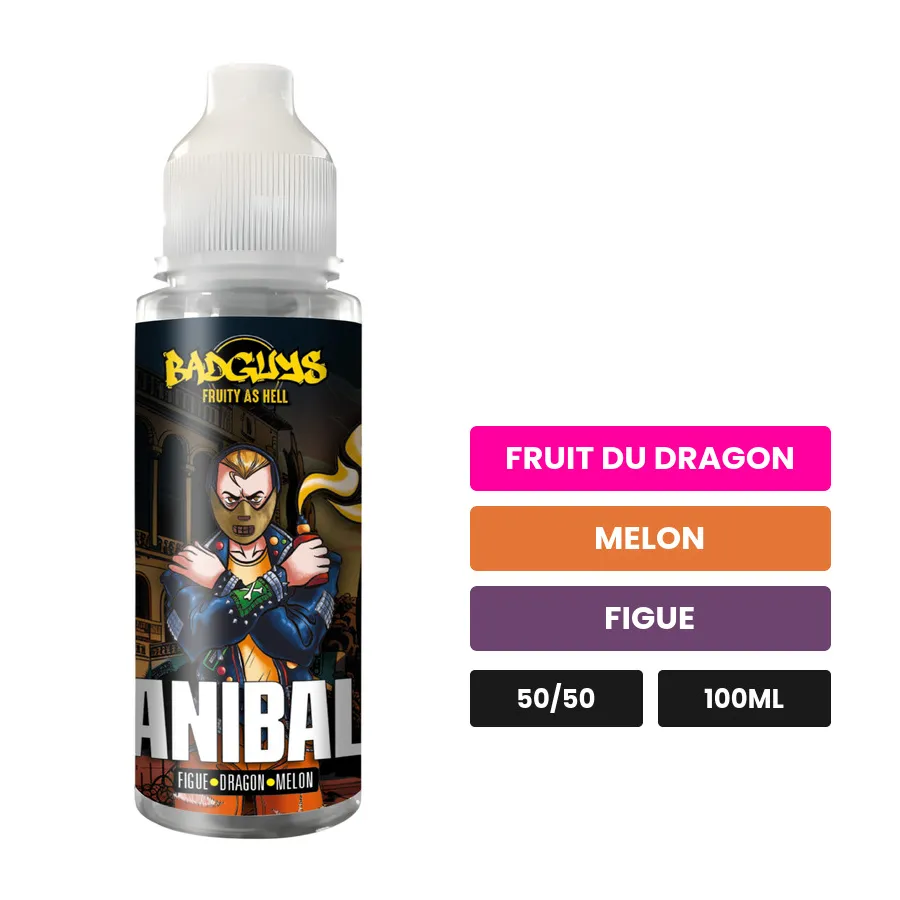 E-liquide Anibal de Badguys, 100 ml, saveurs fruit du dragon, melon et figue, sans nicotine — prêt à booster de nicotine.