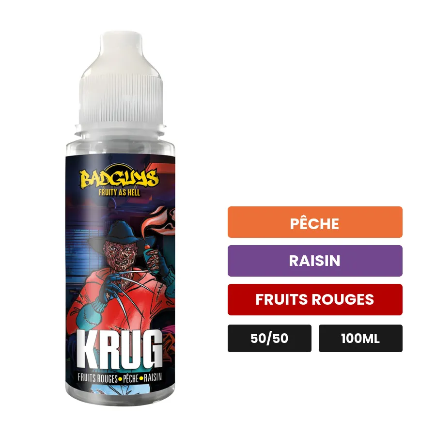 E-liquide Krug de Badguys, 100 ml, saveurs pêche, raisin et fruits rouges, sans nicotine — prêt à booster de nicotine.