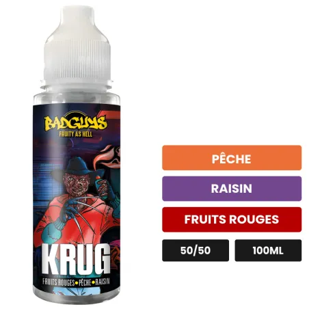 E-liquide Krug de Badguys, 100 ml, saveurs pêche, raisin et fruits rouges, sans nicotine — prêt à booster de nicotine.