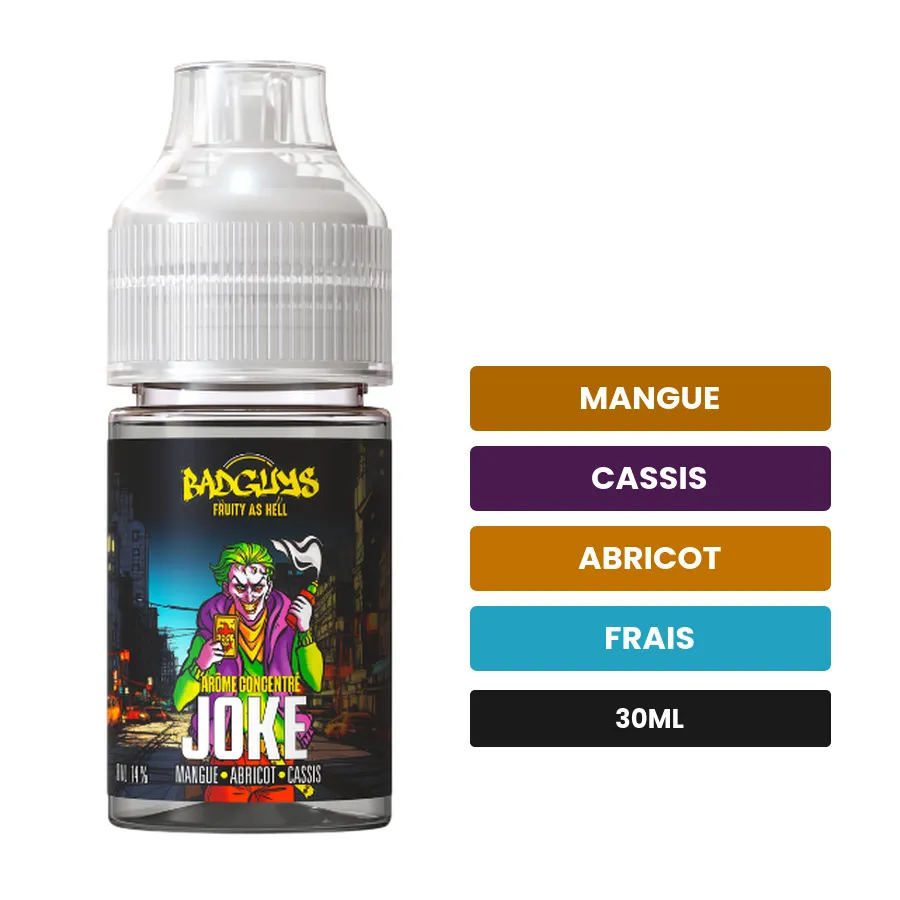 Arome concentre Joke de Badguys, 30 ml, saveurs mangue, cassis, abricot et 1 autre.