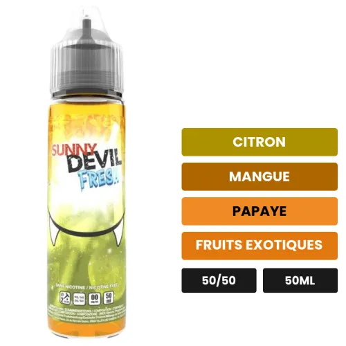 E-liquide Sunny Devil Fresh d'Avap, 50 ml, saveurs citron, mangue, papaye et 2 autres.