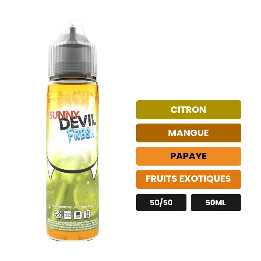 E-liquide Sunny Devil Fresh d'Avap, 50 ml, saveurs citron, mangue, papaye et 2 autres.