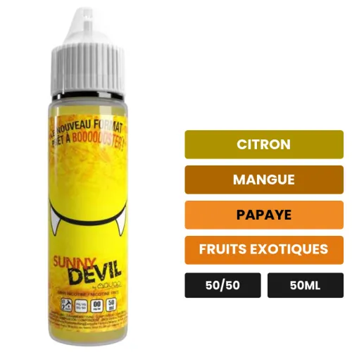 E-liquide Sunny Devil d'Avap, 50 ml, saveurs citron, mangue, papaye et 1 autre, sans nicotine — prêt à booster de nicotine.