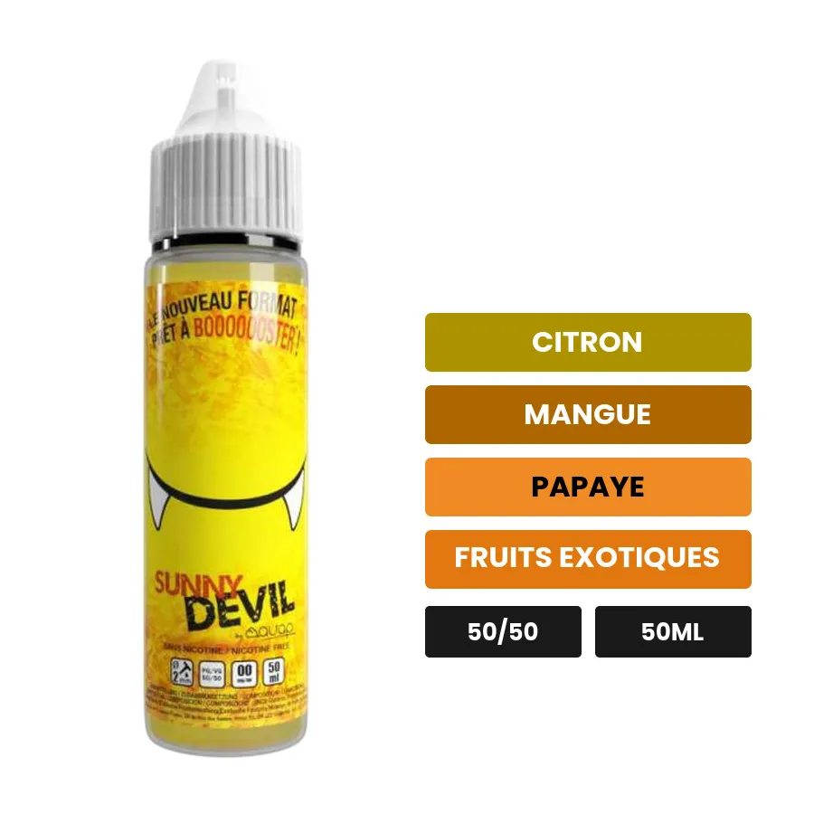E-liquide Sunny Devil d'Avap, 50 ml, saveurs citron, mangue, papaye et 1 autre, sans nicotine — prêt à booster de nicotine.