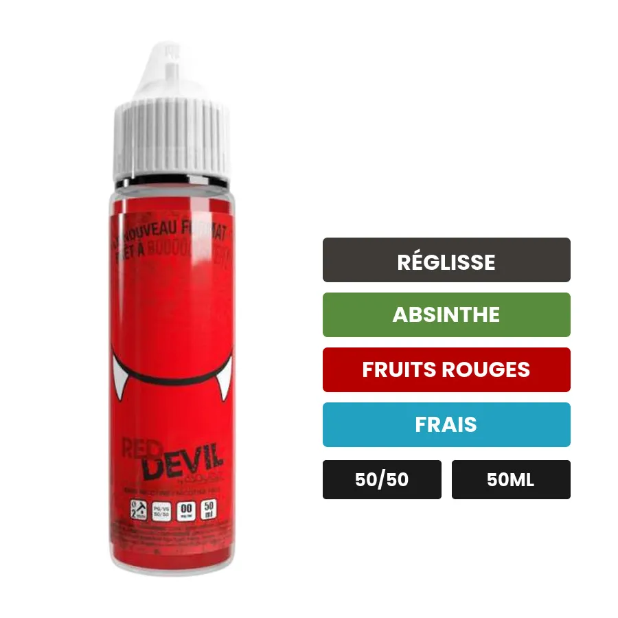 E-liquide Red Devil d'Avap, 50 ml, saveurs réglisse, absinthe, fruits rouges et 1 autre, sans nicotine — prêt à booster de.