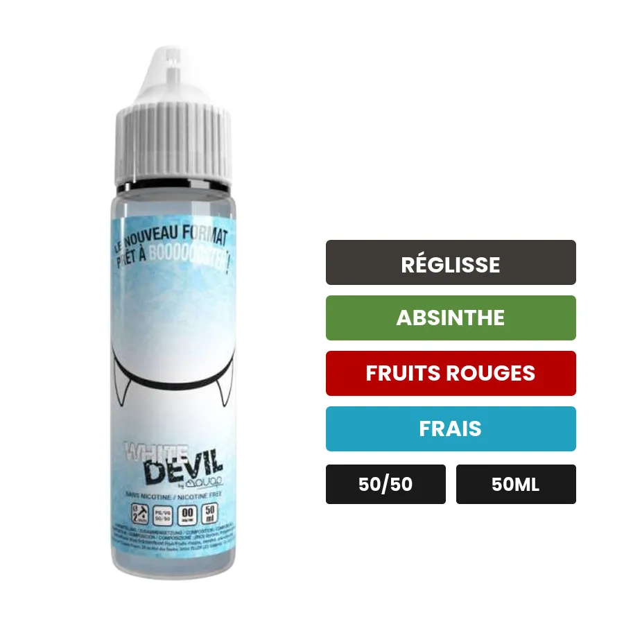 E-liquide White Devil d'Avap, 50 ml, saveurs réglisse, absinthe, fruits rouges et 1 autre, sans nicotine — prêt à booster de.