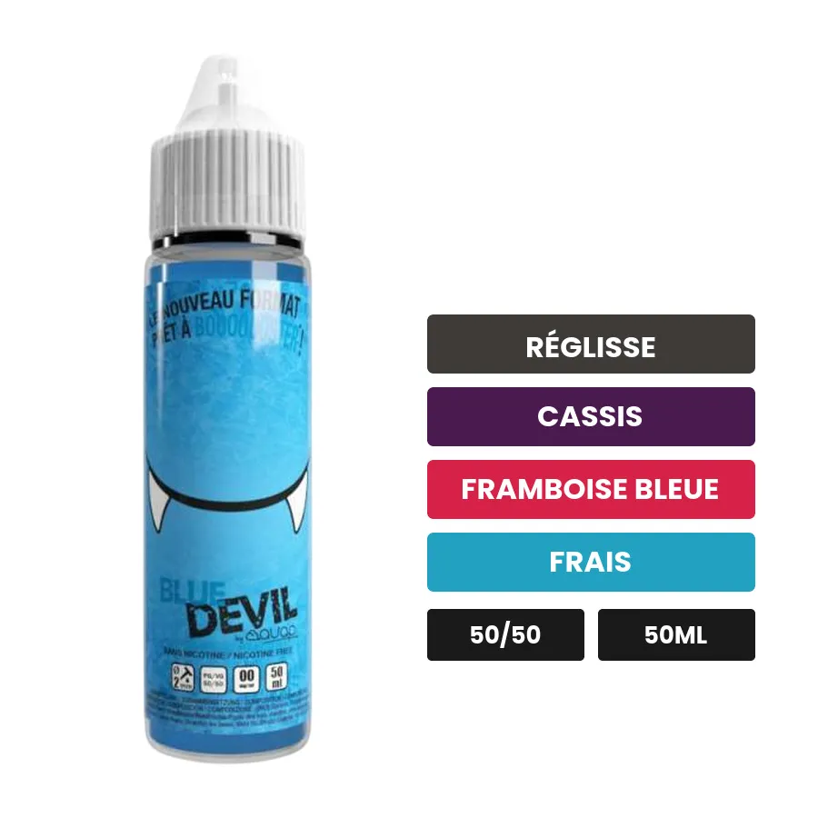 E-liquide Blue Devil d'Avap, 50 ml, saveurs réglisse, cassis, framboise bleue et 1 autre, sans nicotine — prêt à booster de.